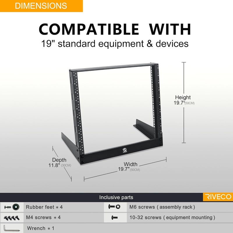 RIVECO 10U Desktop Rack for Audio & Network Devices 19 Inch 2 Post Open Frame Shelf with Reinforced Beam, Free Standing Racks for IT Server Sound AV Music Recording Equipment - Image 3